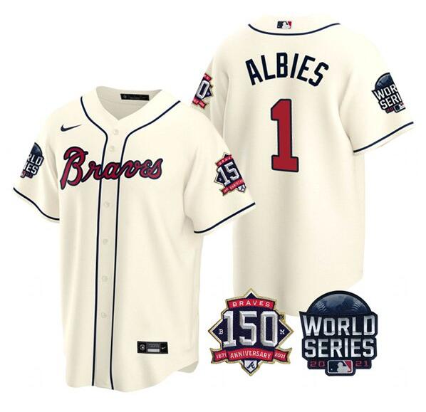 Men's Cream Atlanta Braves #1 Ozzie Albies 2021 World Series With 150th Anniversary Patch Cool Base Stitched Jersey